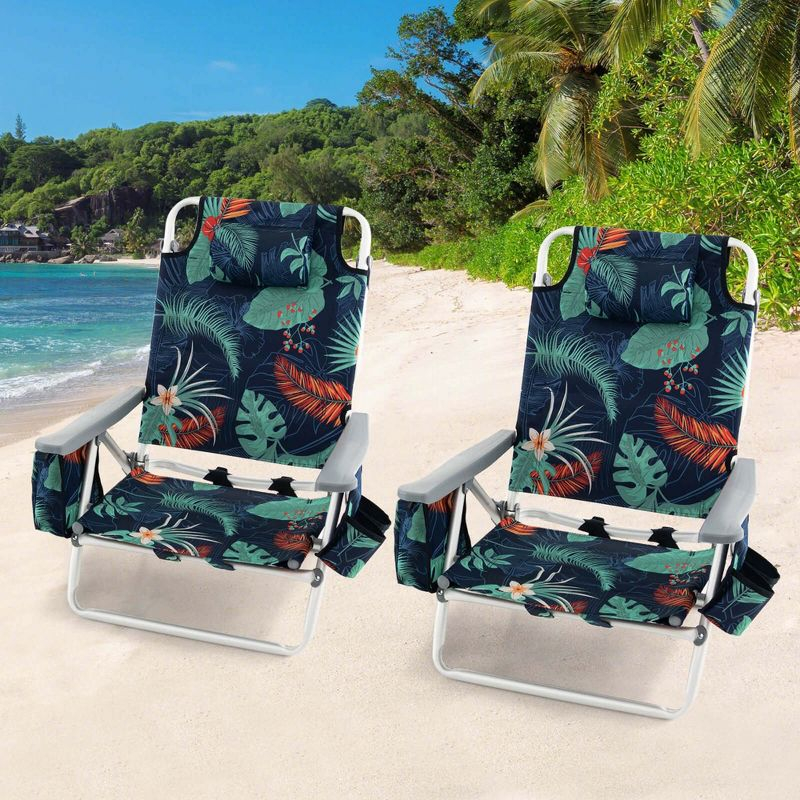 Costway 4-Pack Folding Backpack Beach Chair 5-Position Outdoor Reclining Chairs with Pillow Dark Green