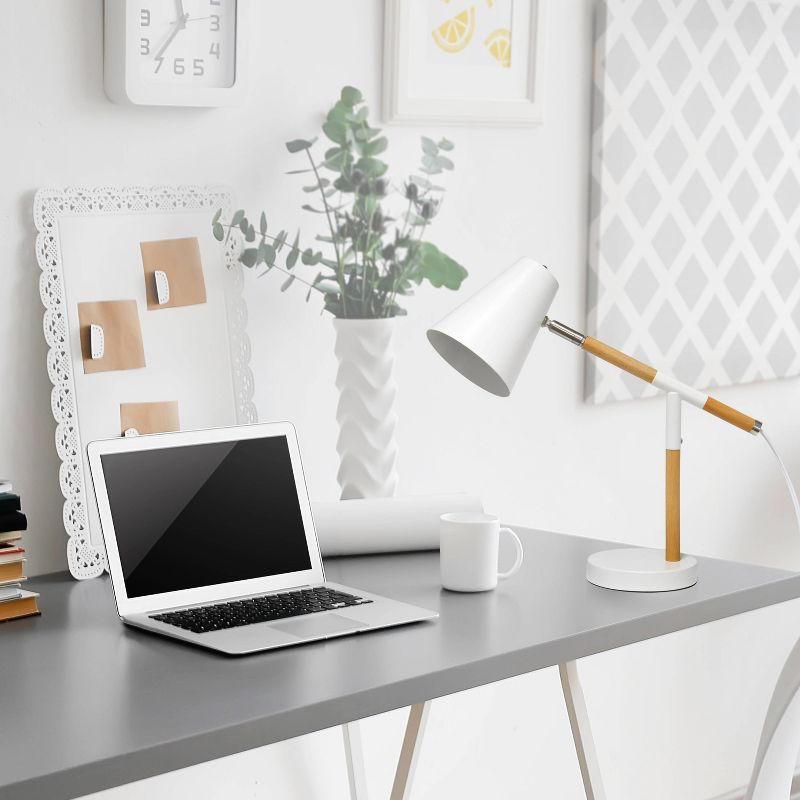 Simple Designs Wooden Pivot Desk Lamp White: ETL Listed, Adjustable Neck, Metal Shade, No Assembly Required