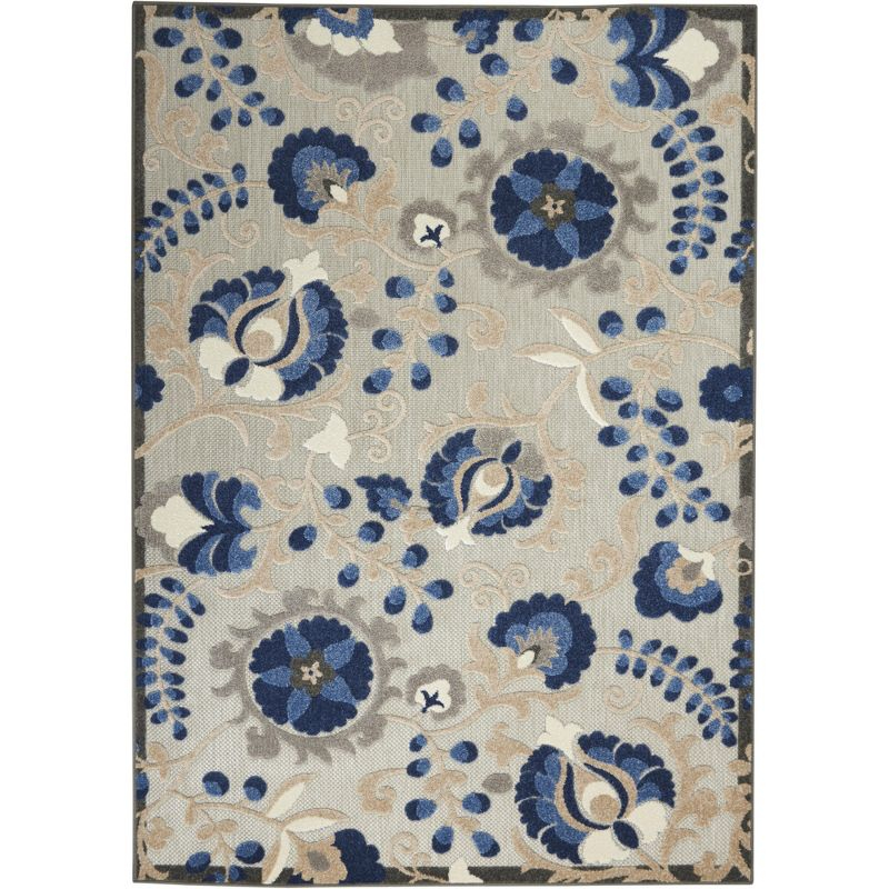 Nourison Aloha Floral Textured Flatweave High-Low Indoor Outdoor Area Rug Natural/Blue 6' x 9'