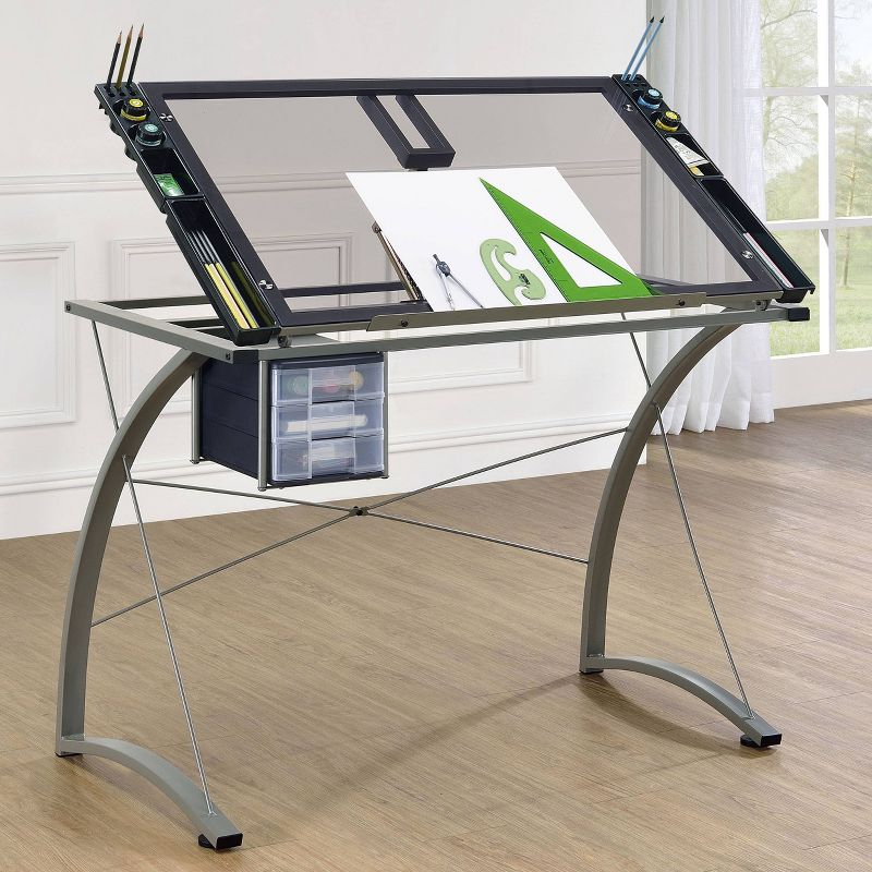 Melo 3 Drawer Glass Top Drafting Desk with Supply Storage Silver - Coaster