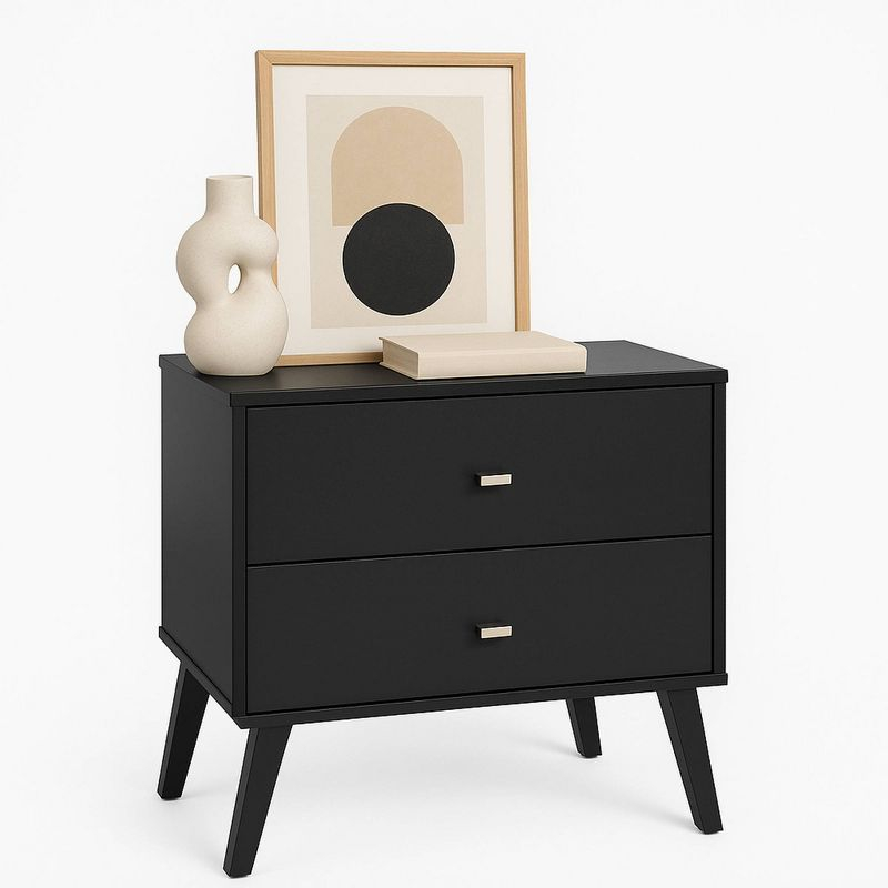 Mid Century Modern 2 Drawer Wide Nightstand Black - Prepac: Sleek Bedside Furniture, Tapered Legs