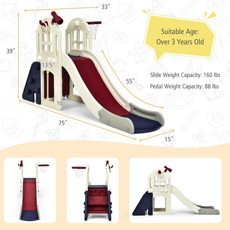 Costway 6-In-1 Large Slide for Kids Toddler Climber Slide Playset w/ Basketball Hoop Blue