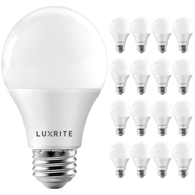 Luxrite A19 LED Bulb 60W Equivalent, 3000K Soft White, 800 Lumens, Dimmable, 9W, Enclosed Fixture Rated, E26 Medium Base 16 Pack