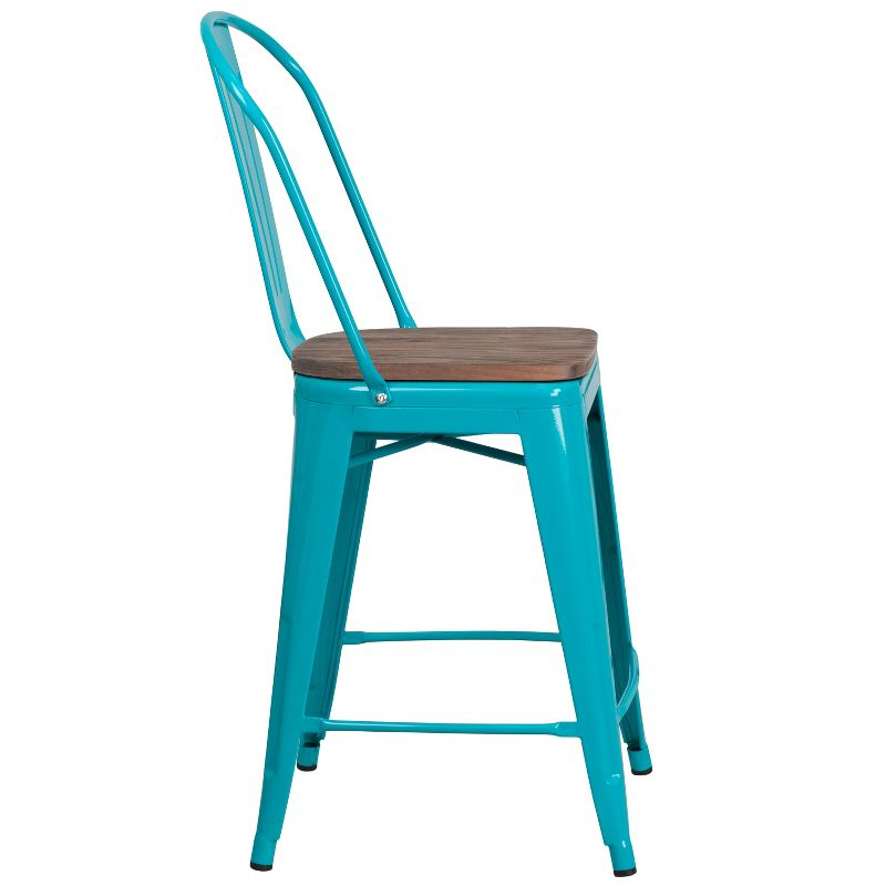 Flash Furniture 24" High Crystal Teal-Blue Metal Counter Height Stool with Back and Wood Seat