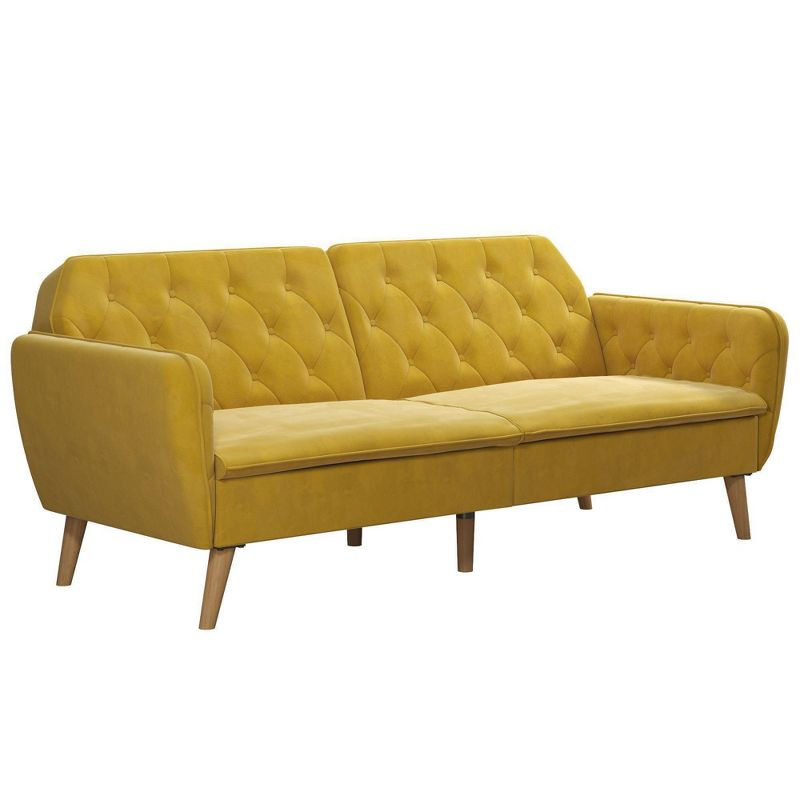 Tallulah Memory Foam Futon and Sofa Bed Mustard Yellow - Novogratz: Velvet Upholstery, Split-Back Design, Wooden Legs