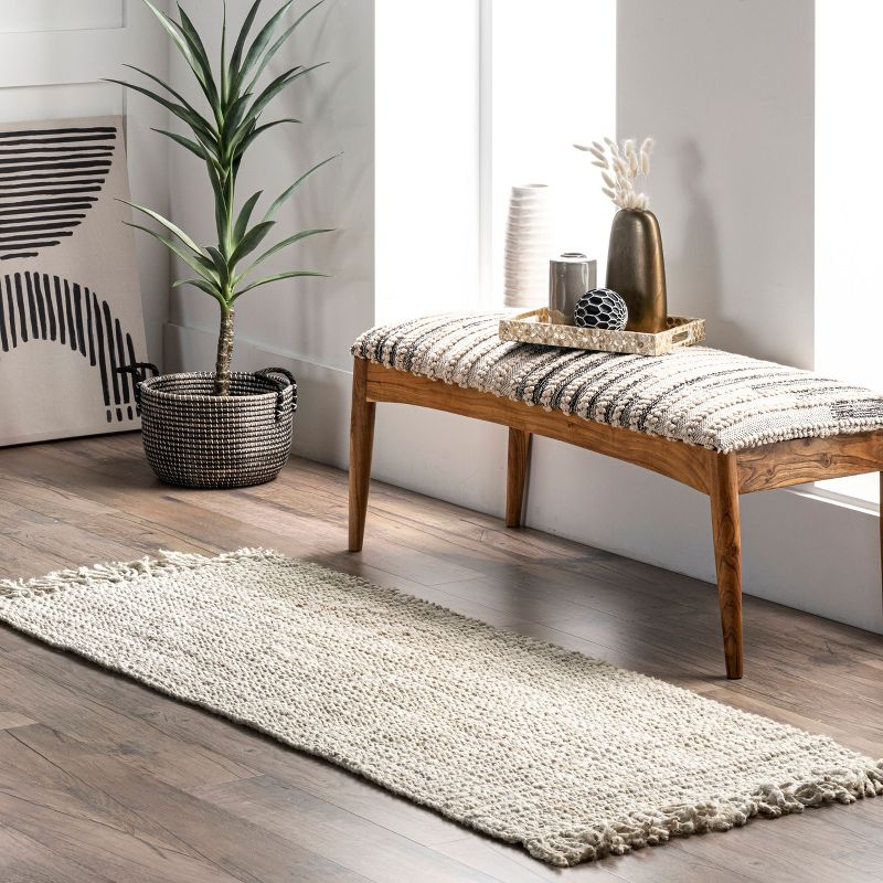 Nuloom 2x6 Daniela Jute Tassel Hand Woven Indoor Area Rug, Off White, Solid Chunky Farmhouse Design, Natural Fiber BedroomLiving Room