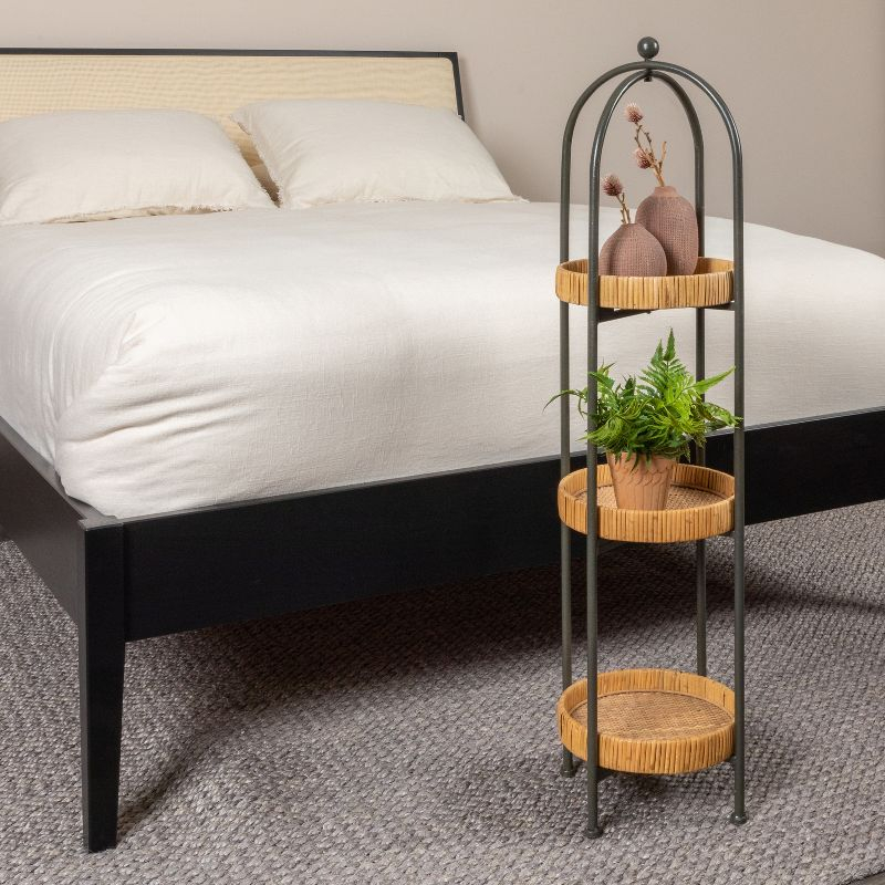 Storied Home Boho Arched Metal Plant Stand or Shelf with 3 Round Removable Rattan Trays, Natural and Black