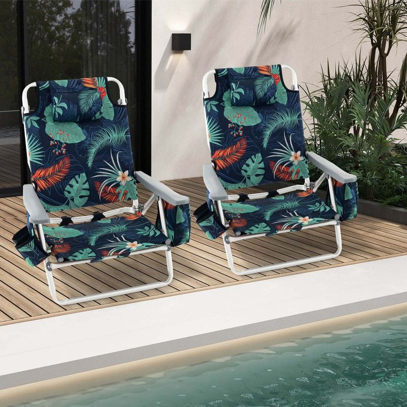 Costway 4-Pack Folding Backpack Beach Chair 5-Position Outdoor Reclining Chairs with Pillow Dark Green