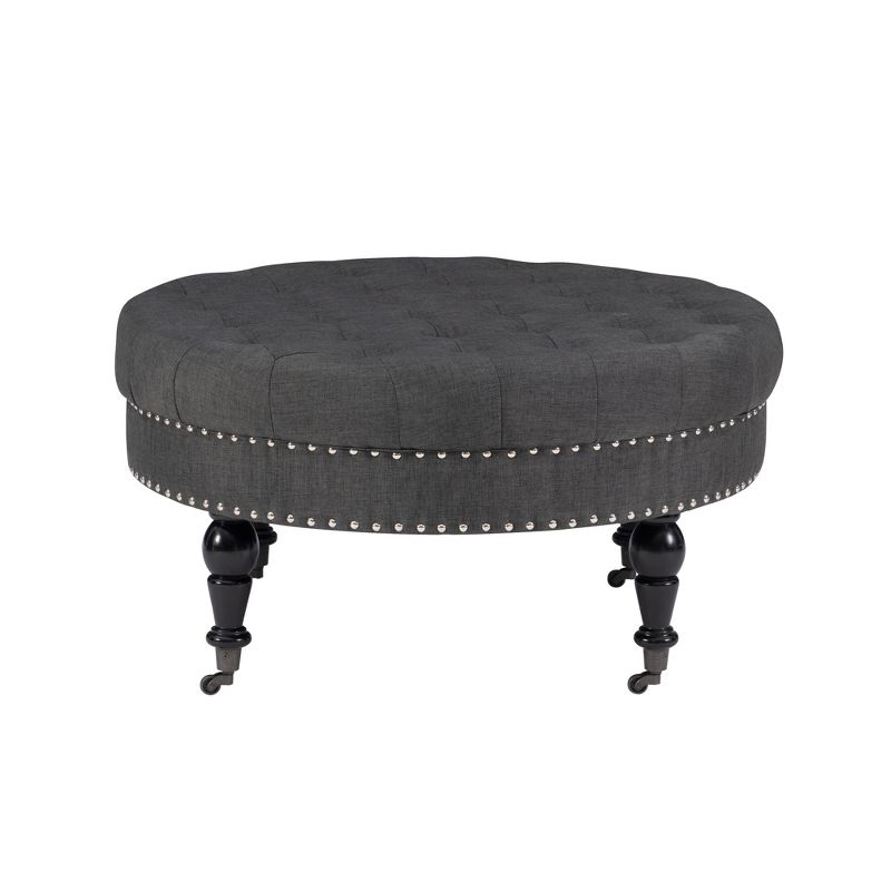 34.6" Isabelle Traditional Round Tufted Upholstered Wheeled Cocktail Ottoman Gray - Linon: Charcoal Linen, Silver Nailhead, Black Legs
