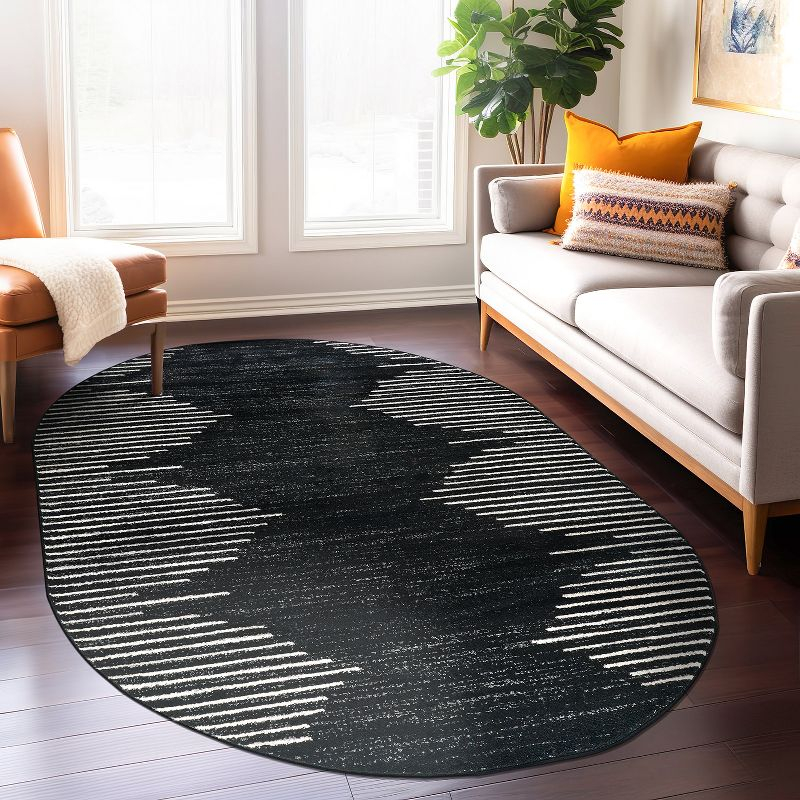 World Rug Gallery Indoor Area Rug Bohemian Stripe Jute Rug Carpets for Living Room Rugs for Sale - BLACK 5'x7' Oval