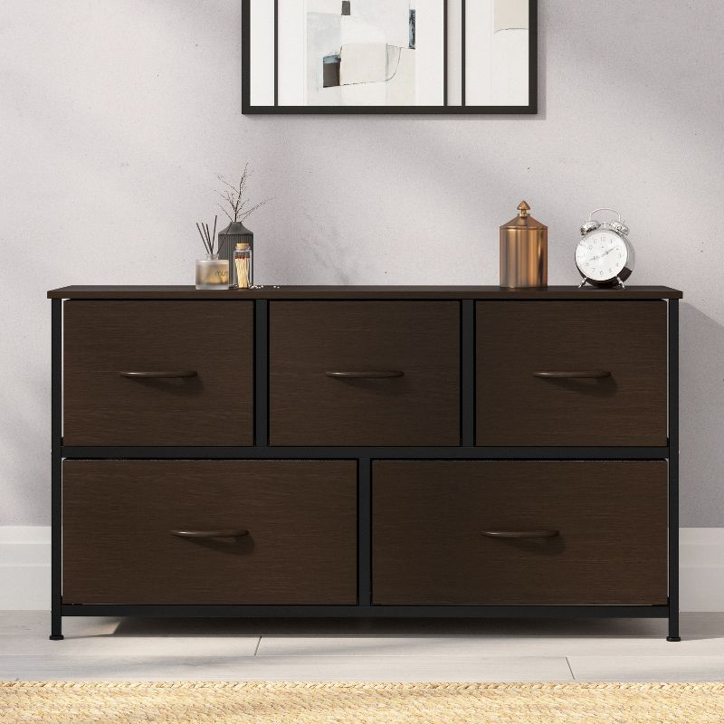 Emma and Oliver 5 Drawer Storage Dresser with Black Cast Iron Frame, Brown Wood Top and Brown Easy Pull Engineered Wood Drawers with Wooden Handles