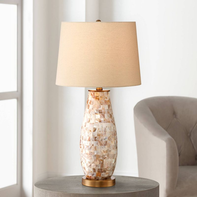 Regency Hill Kylie Cottage Table Lamp 26 1/2" High Mother of Pearl Tile Vase Beige Drum Shade for Bedroom Living Room Bedside Nightstand Office Kids