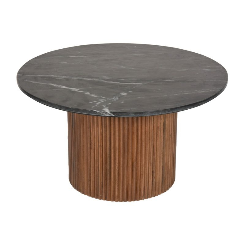 Sagebrook Home 18" Mango Wood and Marble Round Reeded Coffee Table Brown/Black: Elegant Pedestal Base, No Assembly Required