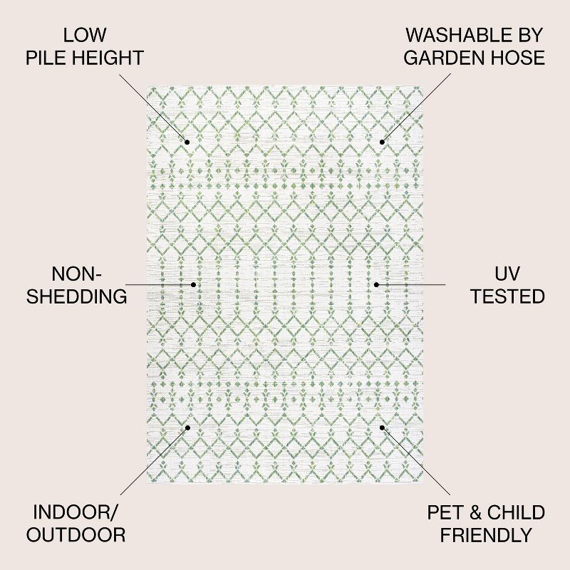 5' Round Ourika Moroccan Geometric Textured Weave Indoor/Outdoor Area Rug, Green/Ivory - JONATHAN Y