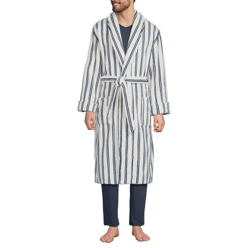 Lands' End Men's Calf Length Pattern Turkish Terry Robe - Large - Egret White Double Stripes