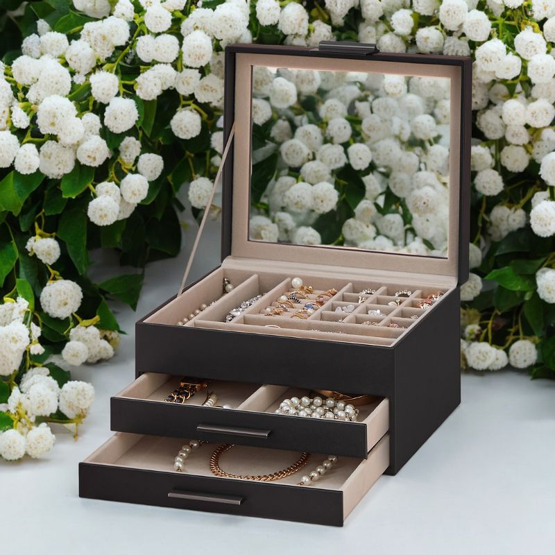 Glass Lid Jewelry Box with Glass Jewelry Organizer Case for Rings Necklaces Earrings Black and Silver