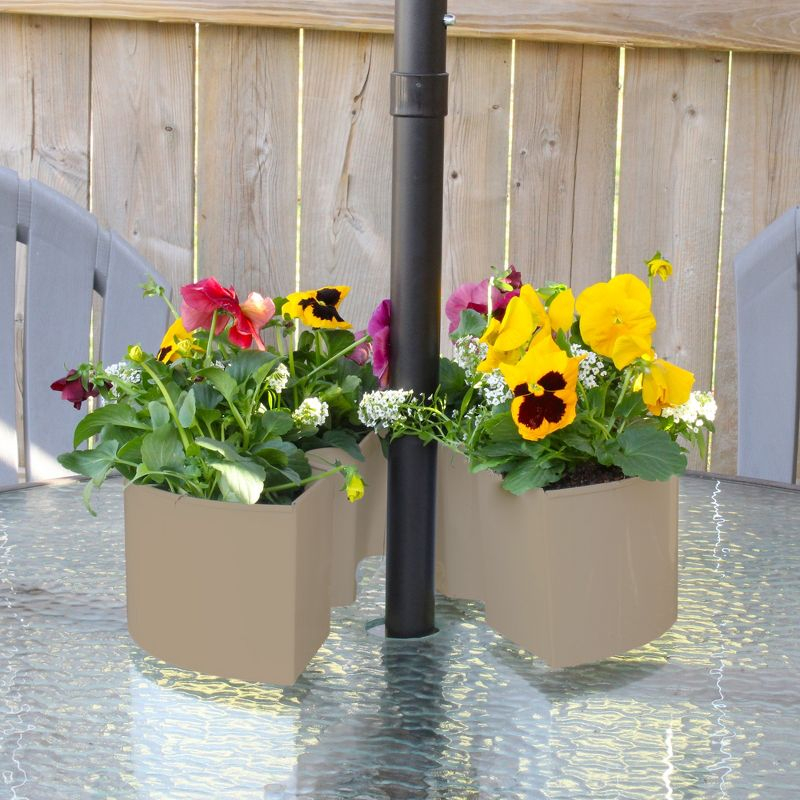 AuldHome Design Greige Round Umbrella Planter for Patio Table, Enamelware Half-Circle Planter Pots