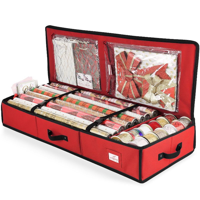 Hearth & Harbor Wrapping Paper Storage Container - Christmas Storage Bag with Interior Pockets - Fits Up to 22 Rolls of 40" - Red