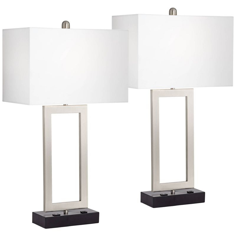 360 Lighting Todd 30" Tall Large Modern End Table Lamps Set of 2 USB Port AC Power Outlet Silver Brushed Nickel Finish Metal Living Room Charging