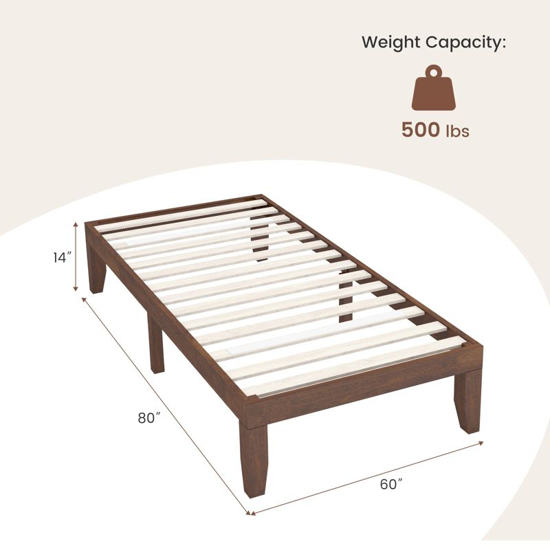 Costway Twin Wooden Platform Bed 14'' Slats Support Mattress Foundation Brown Cherry