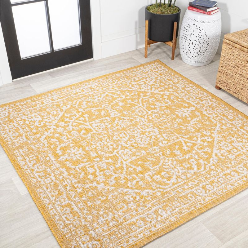 5' x 5' Malta Bohemian Inspired Medallion Textured Weave Indoor/Outdoor Area Rug, Yellow/Cream - JONATHAN Y