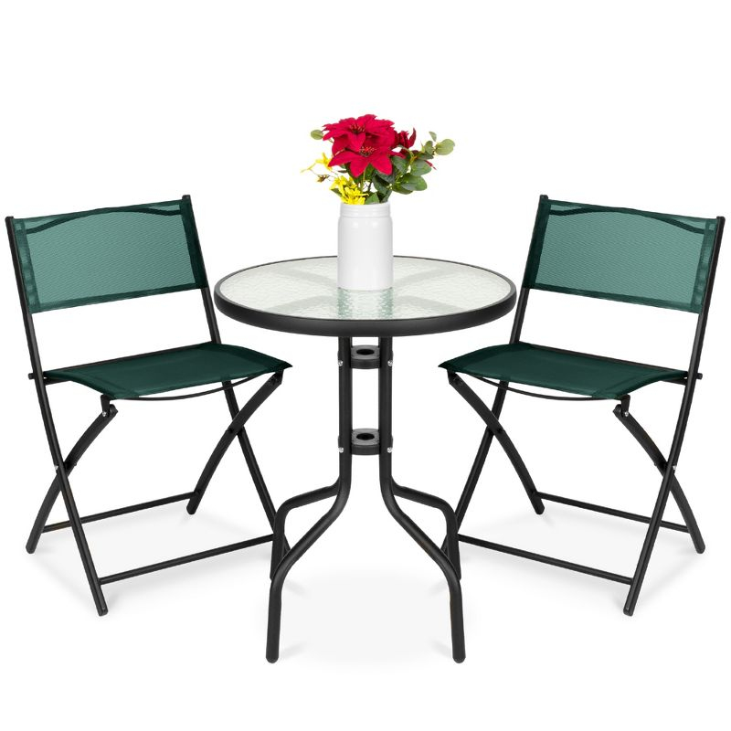 Best Choice Products 3-Piece Patio Bistro Dining Furniture Set w/ Glass Tabletop, Folding Chairs - Dark Green