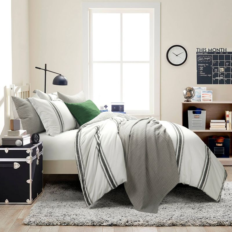 3pc King Farmhouse Stripe Reversible Comforter & Sham Set Gray - Lush Décor