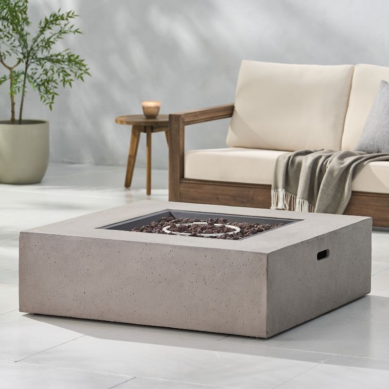 Aidan Outdoor 50000 BTU Light Weight Concrete Square Fire Pit Light Gray - Christopher Knight Home: No Assembly, Push Button Ignition