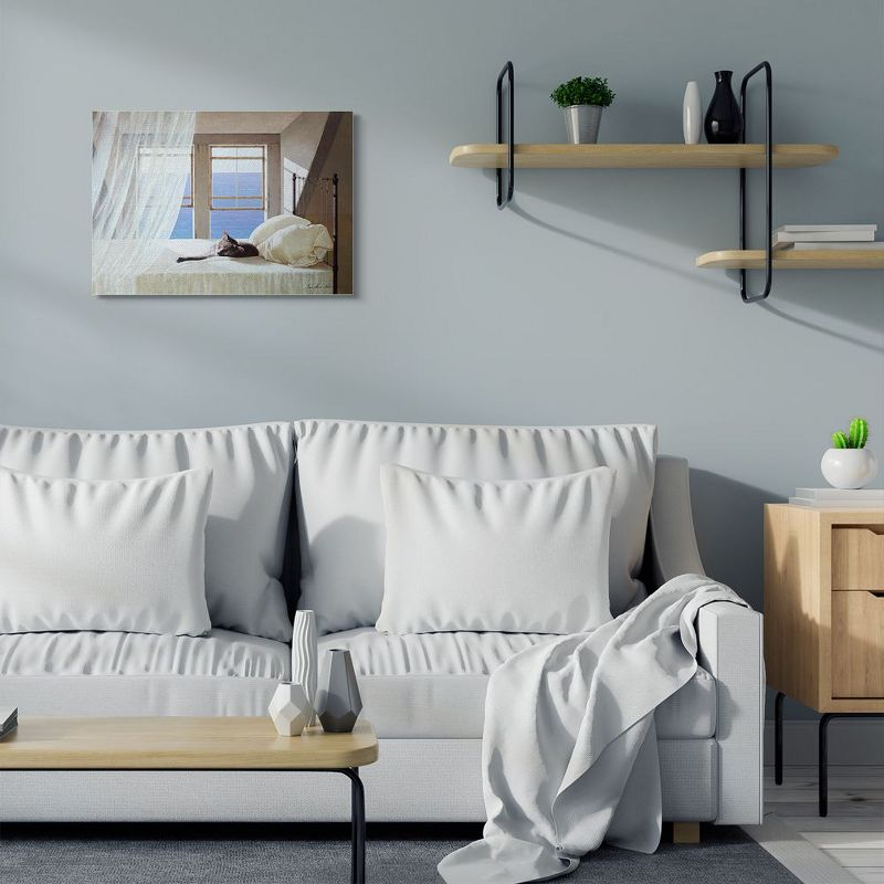 Stupell Industries Cat Resting on White Oceanside Bed Nautical Painting Gallery Wrapped Canvas Wall Art, 24 x 30