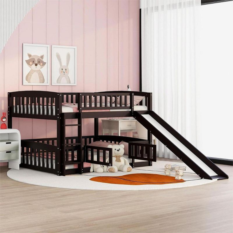 Streamdale Bunk Bed With Slide, Full Over Full Low Bunk Bed With Fence And Ladder For Toddler Kids Teens, Espresso