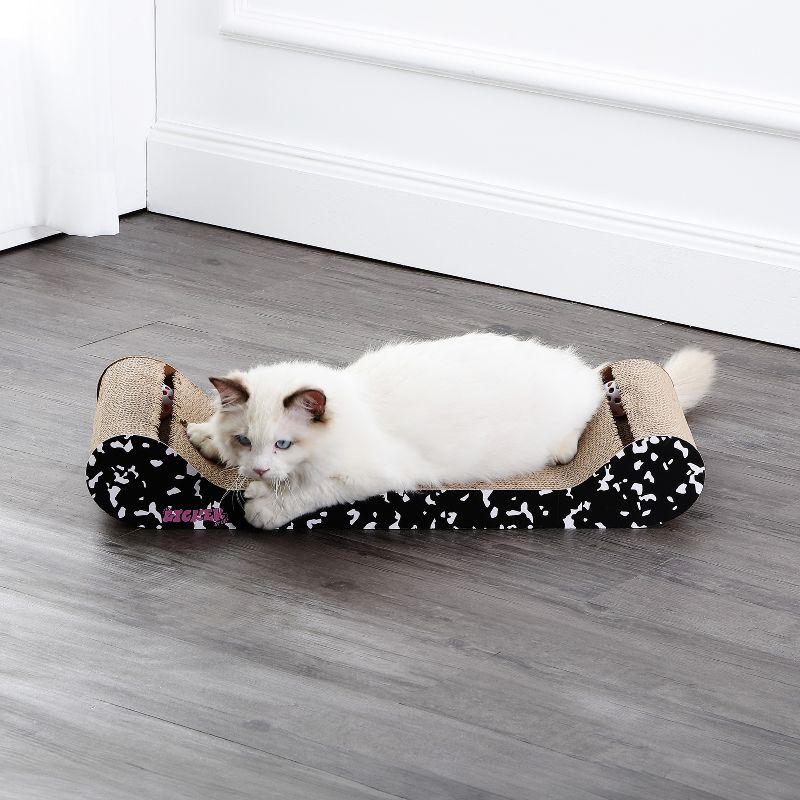 THE LICKER STORE Rini 23.75" Modern Cardboard Lounge Bed Cat Scratcher with Built-In Bell Toys and Catnip, Black/White