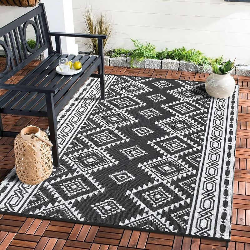 Reversible Mats, Plastic Straw Rug, Modern Area Rug, Large Floor Mat for Outdoors, RV, Patio, 9*12ft/black white: UV Protected, Quick Dry, All-Weather