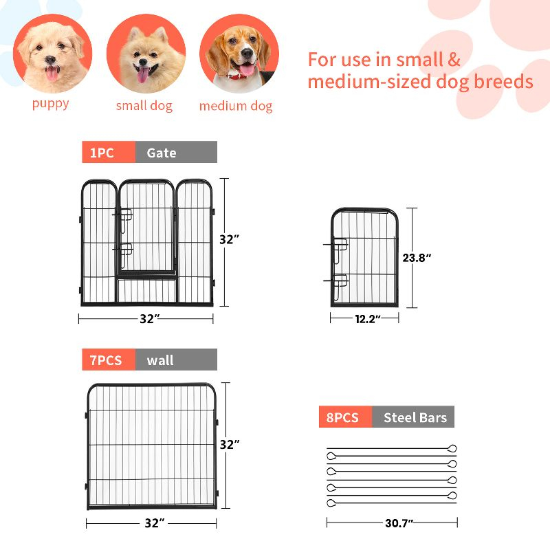 FDW Dog Playpen Pet Dog Fence 32" Height 8 Panels Metal Dog Pen Outdoor Exercise Pen with Doors for Large/Medium /Small Dogs for RV,Camping,Yard