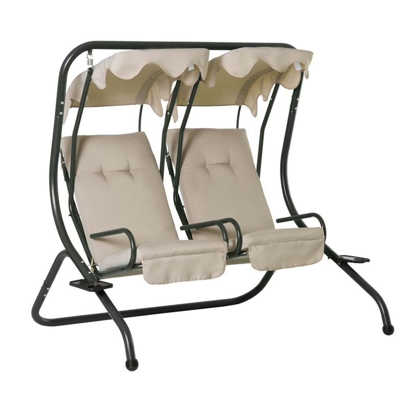 Outsunny Modern 2-Seater Outdoor Patio Swing Chair, Porch Seats with Cup Holder and Removeable Canopy, Beige
