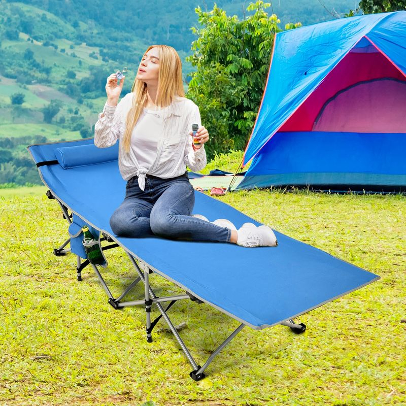 Folding Camping Cot Heavy-Duty Outdoor Cot Bed w/ Side Storage Pocket Blue