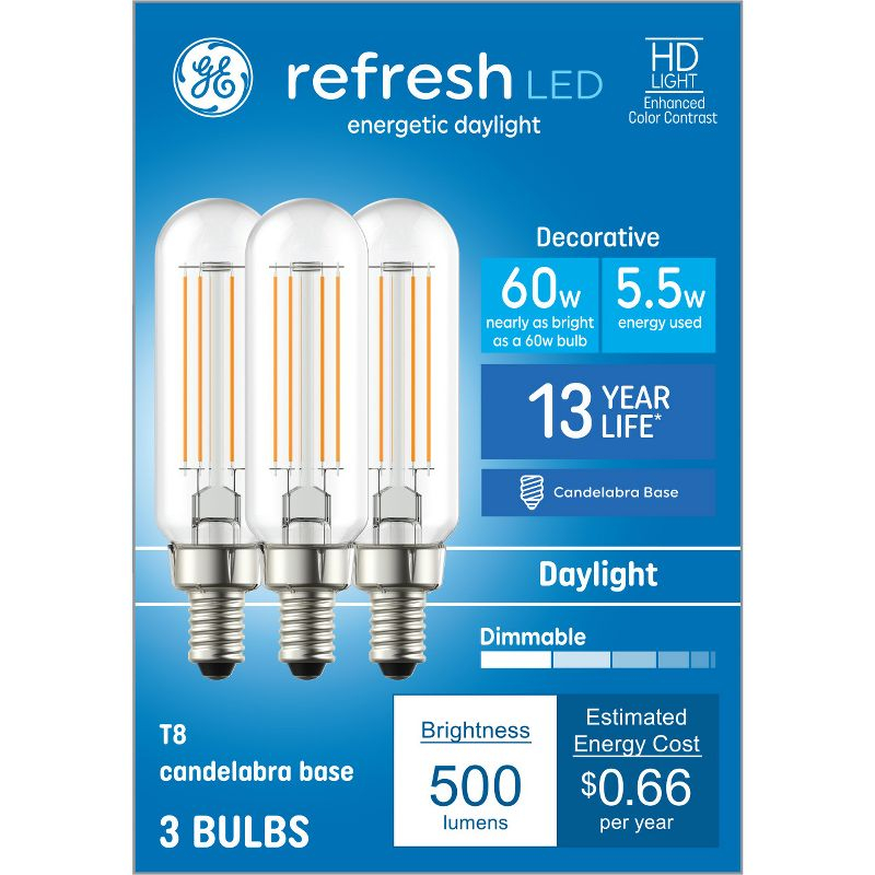 GE 3pk 60W Refresh T8 LED Light Bulbs Daylight: E12 Candelabra Base, Dimmable, 500 Lumens, 5000K, Suitable for Wet Locations