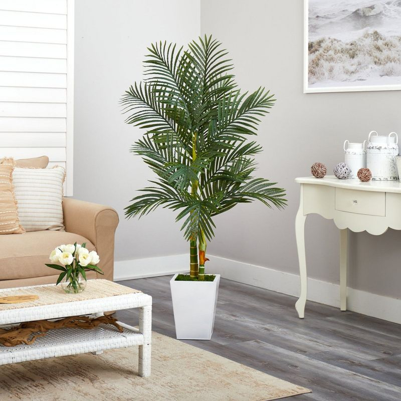 Nearly Natural 5.5-ft Golden Cane Artificial Palm Tree in White Metal Planter