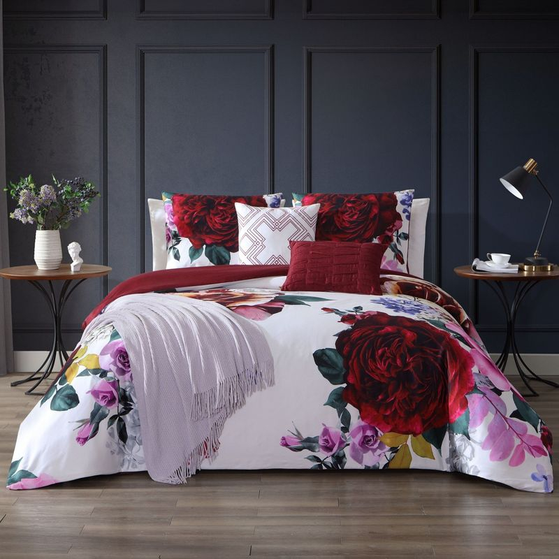 BeBeJan Bebejan Magenta Floral 100% Cotton Sateen 5 Piece Reversible Comforter Set