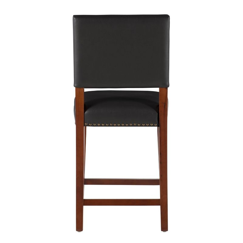 24" Brook Padded Back Faux Leather Nailhead Counter Height Barstool Black - Linon: Cherry-Stained Legs, Footrails