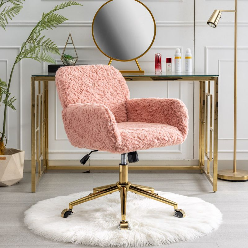Pink Artificial Rabbit Fur Home Office Chair, Adjustable Swivel Desk Chair with Gold Metal Base and Wheels - The Pop Home