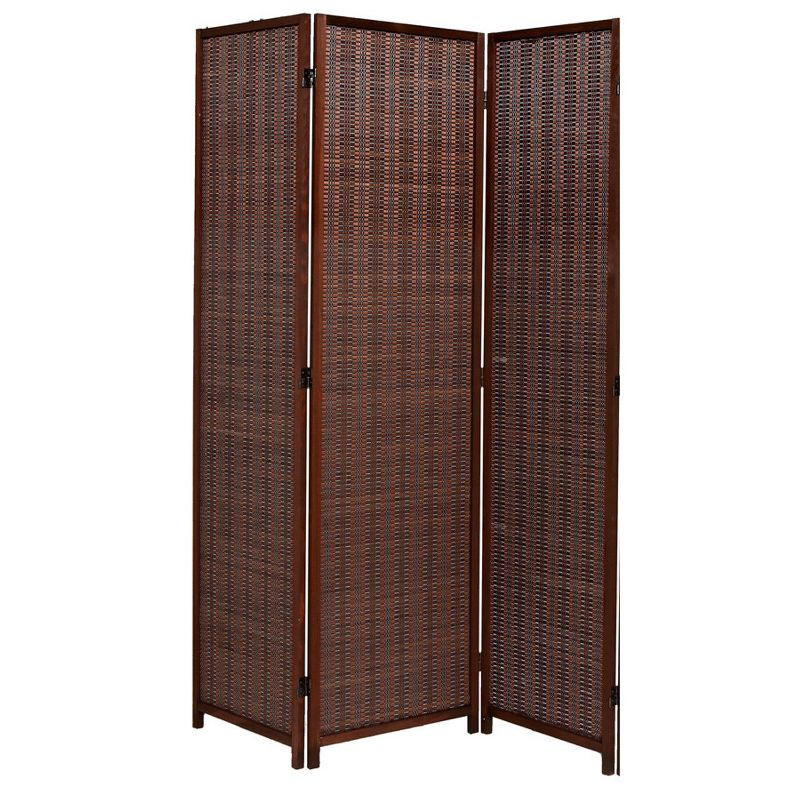 Legacy Decor 3 Panel Room Divider Brown Color Wood and Bamboo Weave