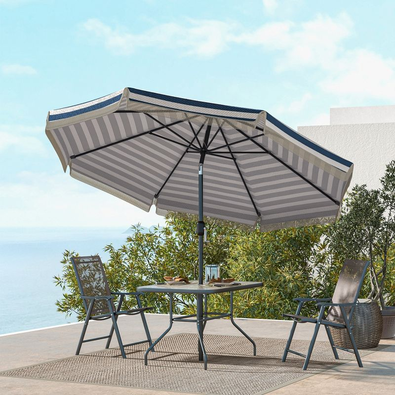 Outsunny 9' Patio Umbrella with Push Button Tilt and Crank Outdoor Double Top Market Umbrella, Blue Striped