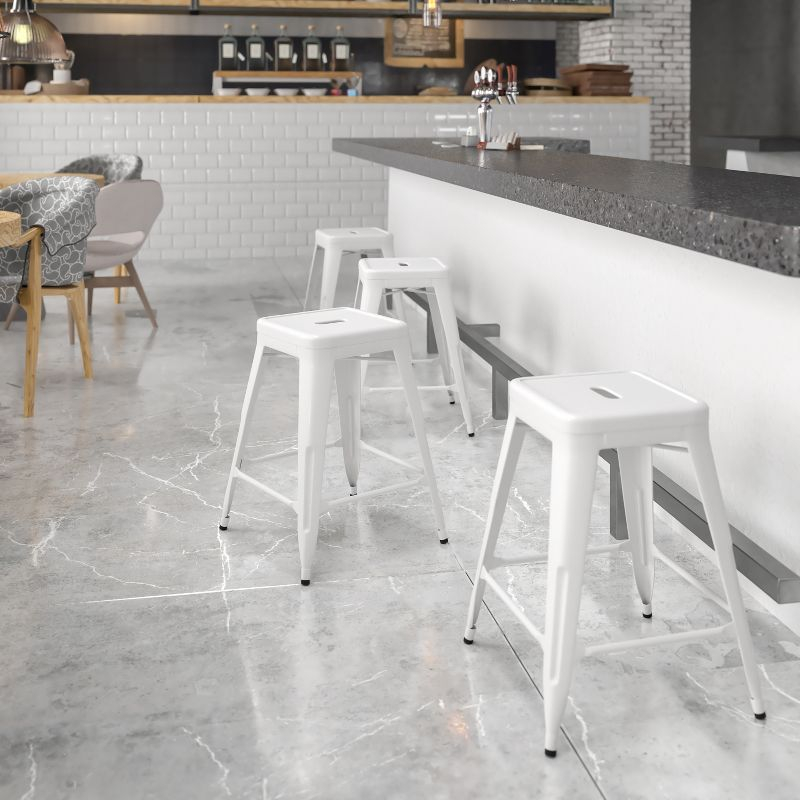Flash Furniture Commercial Grade 24" High Backless White Metal Indoor-Outdoor Counter Height Stool with Square Seat