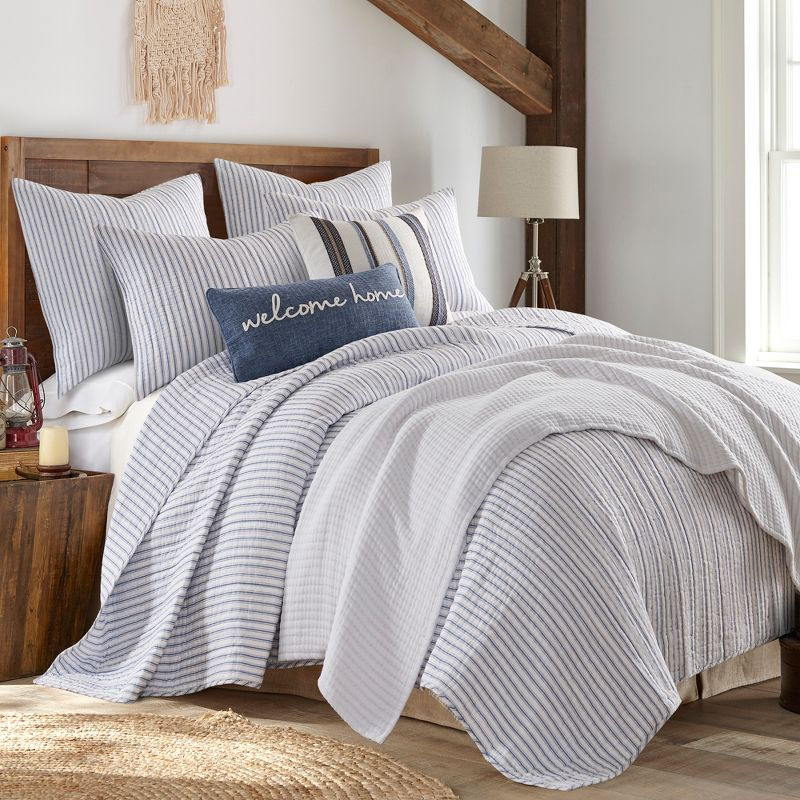 Tobago Stripe Blue Quilt Set - One Full/Queen Quilt and Two Standard Shams - Levtex Home
