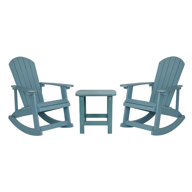 Flash Furniture Set of 2 Savannah All-Weather Poly Resin Wood Adirondack Rocking Chairs with Side Table in Sea Foam