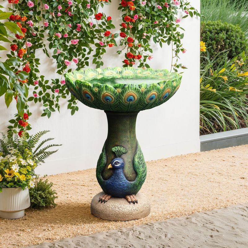 LuxenHome 20" Elegant Tall Peacock Outdoor Resin Bird Bath with Elegant Feather Basin for Garden, Patio Multicolored