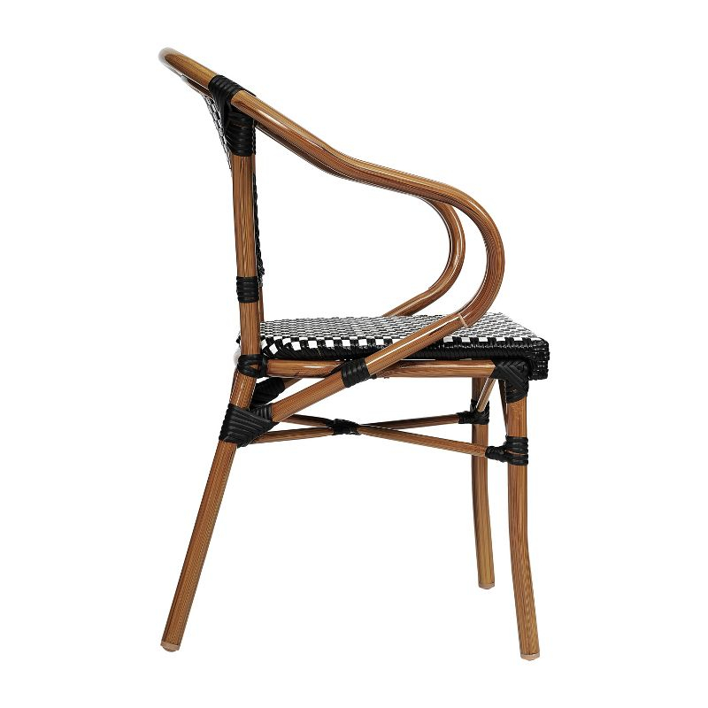 Emma & Oliver Soie Indoor/Outdoor Stacking Thonet Bistro Style Chair with Arms, Black & White PE Rattan Seat and Natural Bamboo Finished Metal Frame