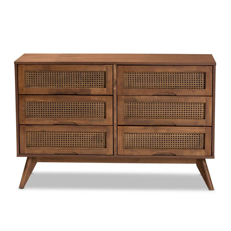 Barrett Wood & Synthetic Rattan Dresser: 6 Drawers, Angled Legs - Baxton Studio