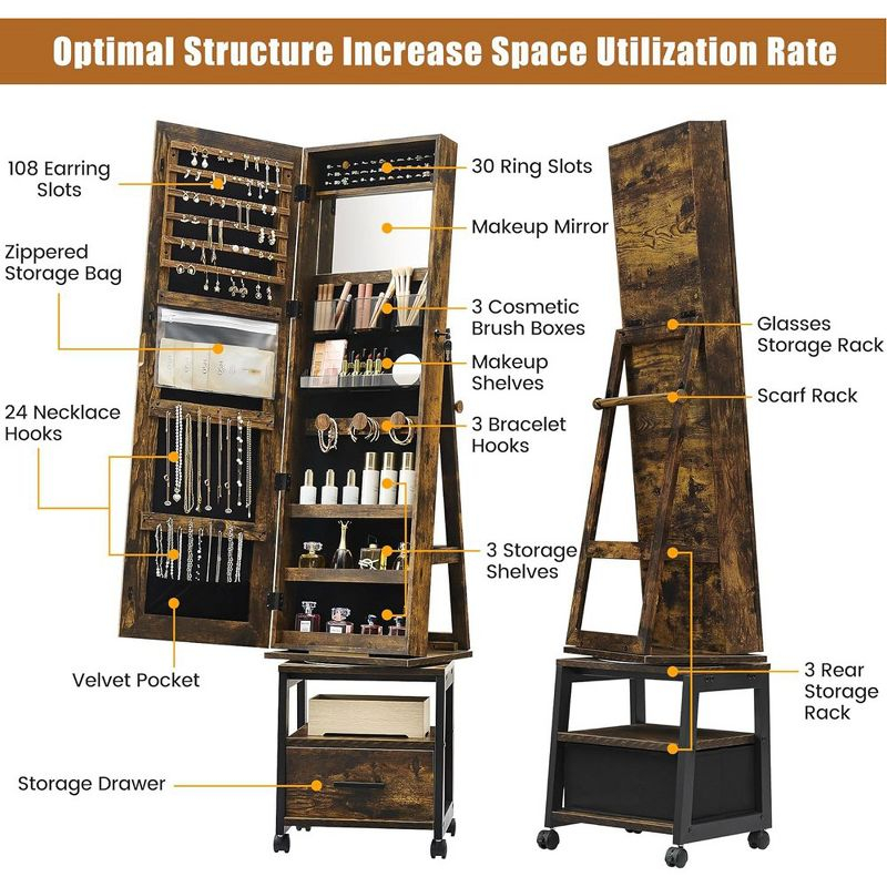 Garvee 360¡ã Swivel Jewelry Armoire, 66" H Floor Standing Locking with Full Length Mirror, Inside Makeup Mirror, Rear Storage Shelves, Brown
