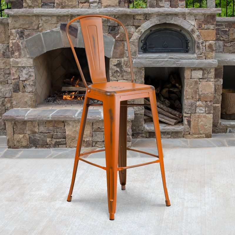 Flash Furniture Commercial Grade 30" High Distressed Orange Metal Indoor-Outdoor Barstool with Back